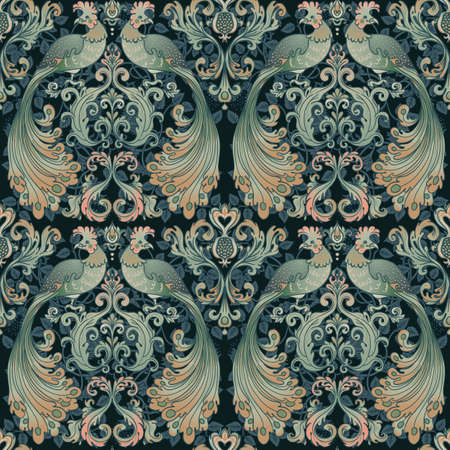 Floral vintage seamless pattern wit birds for retro wallpapers. Enchanted Vintage Flowers. Arts and Crafts movement inspired. Design for wrapping paper, wallpaper, fabrics and fashion clothes.の写真素材