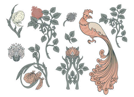 Nature vintage elements. Enchanted Vintage Flowers and bird. Arts and Crafts movement inspired. Vector design elements. Isolated on white.のイラスト素材