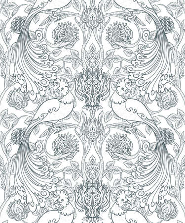 Floral vintage seamless pattern wit birds for retro wallpapers. Enchanted Vintage Flowers. Arts and Crafts movement inspired. Design for wrapping paper, wallpaper, fabrics and fashion clothes.のイラスト素材