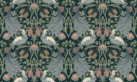 Floral vintage seamless pattern wit birds for retro wallpapers. Enchanted Vintage Flowers. Arts and Crafts movement inspired. Design for wrapping paper, wallpaper, fabrics and fashion clothes.のイラスト素材