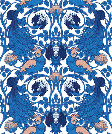 Floral vintage seamless pattern wit birds for retro wallpapers. Enchanted Vintage Flowers. Arts and Crafts movement inspired. Design for wrapping paper, wallpaper, fabrics and fashion clothes.のイラスト素材