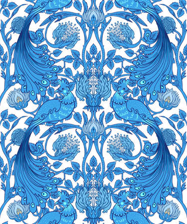 Floral vintage seamless pattern wit birds for retro wallpapers. Enchanted Vintage Flowers. Arts and Crafts movement inspired. Design for wrapping paper, wallpaper, fabrics and fashion clothes.のイラスト素材