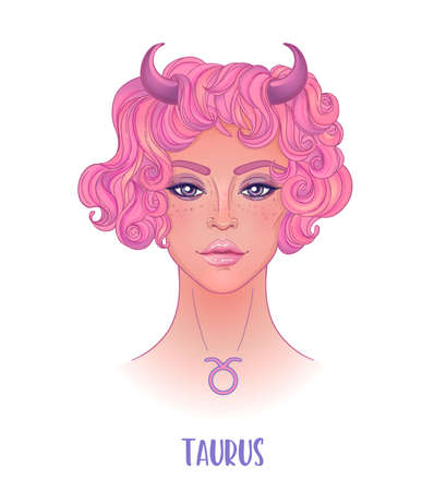 Illustration of Taurus astrological sign as a beautiful girl. Zodiac vector illustration isolated on white. Future telling, horoscope, alchemy, spirituality, occultism, fashion woman.のイラスト素材