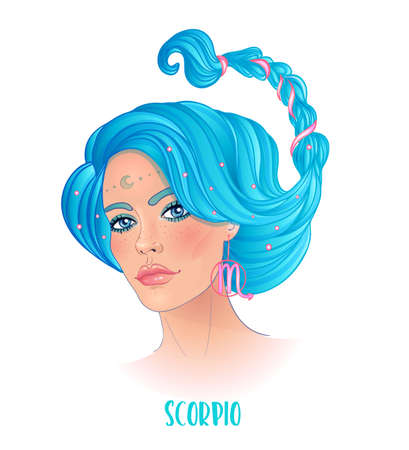 Illustration of Scorpio astrological sign as a beautiful girl. Zodiac vector illustration isolated on white. Future telling, horoscope, alchemy, spirituality, occultism, fashion woman.のイラスト素材