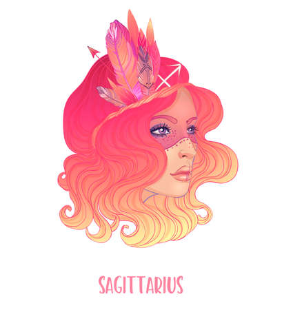 Illustration of Sagittarius astrological sign as a beautiful girl. Zodiac vector illustration isolated on white. Future telling, horoscope, alchemy, spirituality, occultism, fashion woman.のイラスト素材