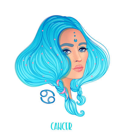 Illustration of Cancer astrological sign as a beautiful girl. Zodiac vector illustration isolated on white. Future telling, horoscope, alchemy, spirituality, occultism, fashion woman.のイラスト素材