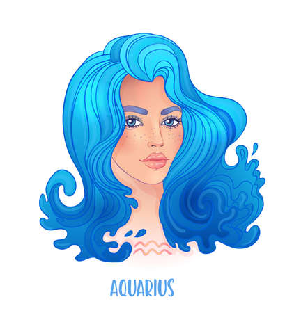 Illustration of Aquarius astrological sign as a beautiful girl. Zodiac vector illustration isolated on white. Future telling, horoscope, alchemy, spirituality, occultism, fashion woman.のイラスト素材