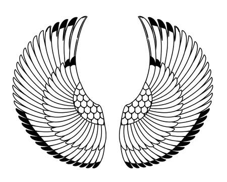 Wings in Egyptian style. Hand-drawn vintage tattoo art. Egypt tribal symbol of pharaoh, element of ancient design. Isolated vector illustration. Spirituality, occultism, chemistry, occult sun tattoo.のイラスト素材