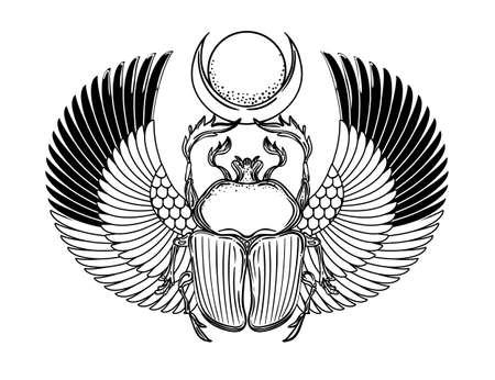 Scarabaeus sacer, Dung beetle. Sacred symbol of in ancient Egypt. Fantasy ornate insects. Isolated vector illustration. Spirituality, occultism, chemistry, occult sun tattoo.のイラスト素材