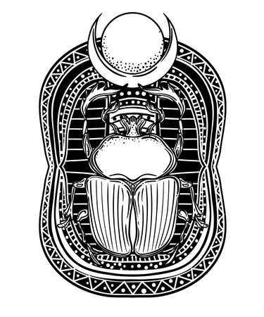 Scarabaeus sacer, Dung beetle. Sacred symbol of in ancient Egypt. Fantasy ornate insects. Isolated vector illustration. Spirituality, occultism, chemistry, occult sun tattoo.のイラスト素材