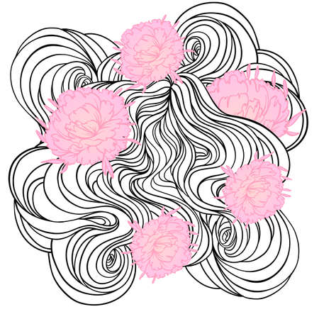 Vector black and white abstract hand-drawn pattern with waves, clouds and pink peony flowersのイラスト素材