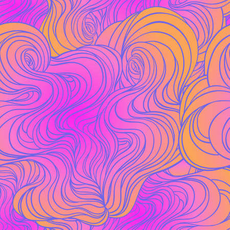 Vector color abstract hand-drawn hair pattern with waves and clouds. Nature background.のイラスト素材