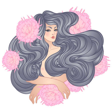 Tribal Fusion Boho Diva. Beautiful divine girl with peony flowers. Bohemian goddess. Hand drawn elegant illustration.のイラスト素材