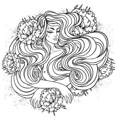 Tribal Fusion Boho Diva. Beautiful divine girl with peony flowers. Bohemian goddess. Hand drawn elegant illustration.のイラスト素材
