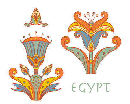 Egyptian floral colorful design element set isolated on white. Spirituality, occultism, chemistry, flower tattoo.のイラスト素材