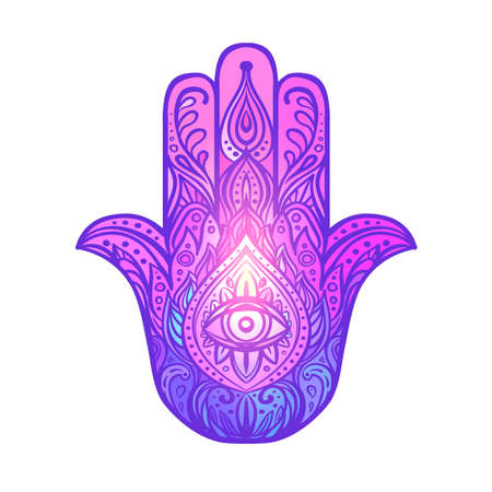 Ornate hand drawn hamsa. Popular Arabic and Jewish amulet. Vector illustration. Ayurveda sign of harmony and balance.poster, t-shirt textile. Colorful rainbow.のイラスト素材