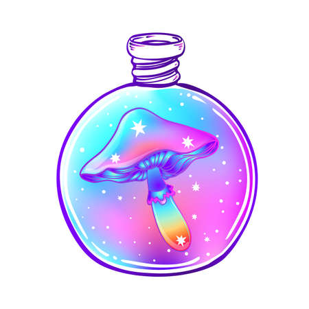 Magic potion: blue bottle jar with mushroom and glowing stars inside. Greeting Card. Vector illustration isolated on white.のイラスト素材