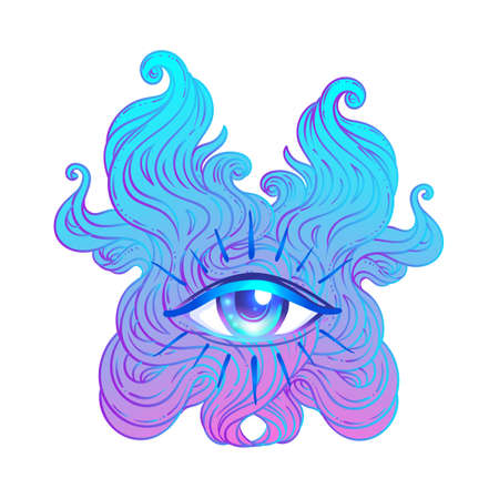 Seraphim with Blue Eye. Psychedelic hallucination. Vibrant vector illustration. 60s hippie colorful art in pink pastel goth colors isolated on white. Sticker, patch, poster graphic design.のイラスト素材