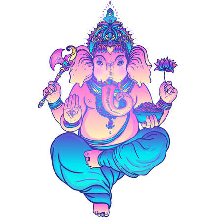 Beautiful hand-drawn tribal style elephant. Colorful design with boho pattern, psychedelic ornaments. Ethnic poster, spiritual art, yoga. Indian god Ganesha, Indian symbol. T-shirt print.のイラスト素材