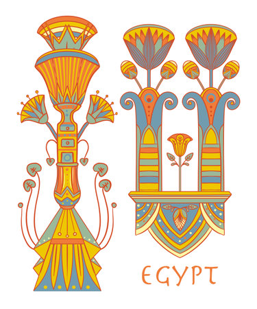 Egyptian floral colorful design element set isolated on white.  Spirituality, occultism, chemistry, flower tattoo.のイラスト素材
