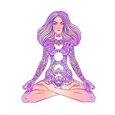Young woman sits in lotus yoga position. Triple moon and stars inside girl. Free mind concept. Vector illustration of meditation, self care or mindfulness.のイラスト素材