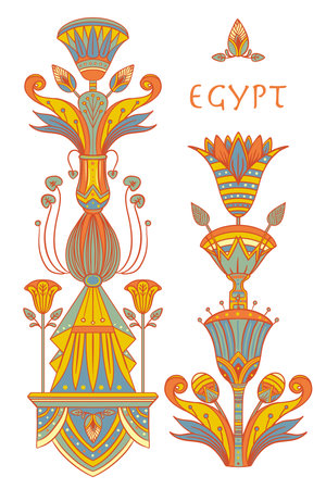 Egyptian floral colorful design element set isolated on white.  Spirituality, occultism, chemistry, flower tattoo.のイラスト素材