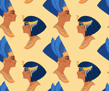 Egyptian Beauty queens Cleopatra and Nefertiti. Seamless pattern. Queen of Egypt, one of the most famous women in history. Illustration in vector.のイラスト素材