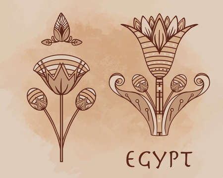 Egyptian floral design element set over beige grunge background.  Spirituality, occultism, chemistry, flower tattoo.のイラスト素材