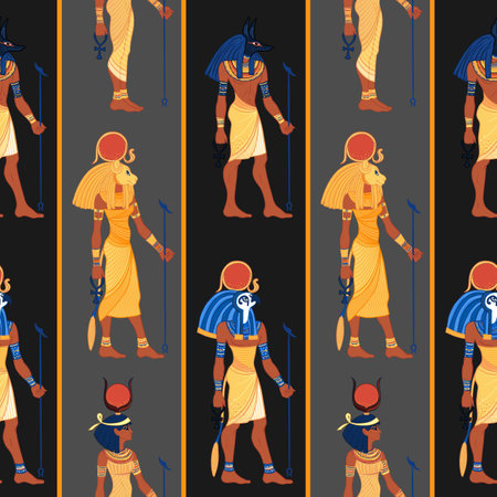 Ancient Egypt. Vintage seamless pattern with Egyptian gods. Retro hand drawn vector repeating illustration.のイラスト素材