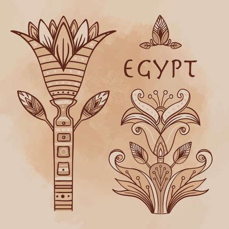 Egyptian floral design element set over beige grunge background.  Spirituality, occultism, chemistry, flower tattoo.のイラスト素材