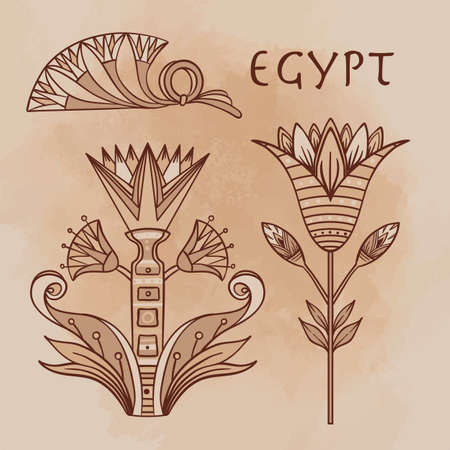 Egyptian floral design element set over beige grunge background.  Spirituality, occultism, chemistry, flower tattoo.のイラスト素材