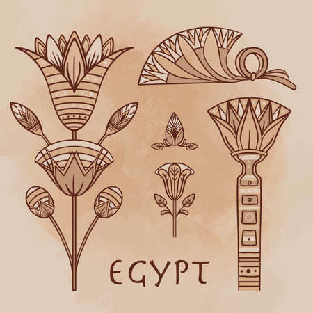 Egyptian floral design element set over beige grunge background.  Spirituality, occultism, chemistry, flower tattoo.のイラスト素材