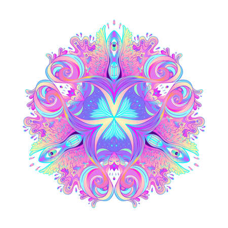 Sacred geometry symbol with all seeing eye in acid colors. Mystic, alchemy, occult concept. Astrology, esoteric, religion.のイラスト素材