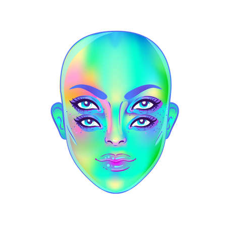 Gothic witch girl head portrait with four eyes. Vector color illustration. Halloween costume idea, tattoo, weird, psychedelic art for print, posters, t-shirts and textiles.のイラスト素材