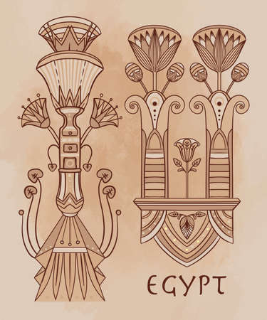 Egyptian floral design element set over beige grunge background. Spirituality, occultism, chemistry, flower tattoo.のイラスト素材