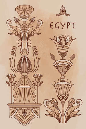 Egyptian floral design element set over beige grunge background. Spirituality, occultism, chemistry, flower tattoo.のイラスト素材