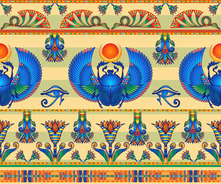 Ancient Egypt. Vintage seamless pattern with Egyptian symbols. Retro hand drawn vector repeating illustration.のイラスト素材