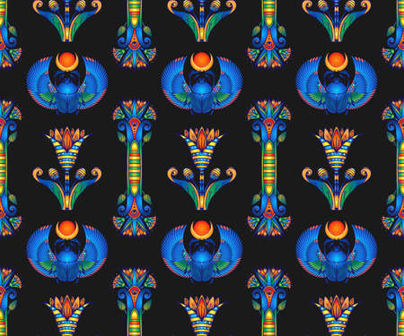 Ancient Egypt. Vintage seamless pattern with Egyptian symbols. Retro hand drawn vector repeating illustration.のイラスト素材
