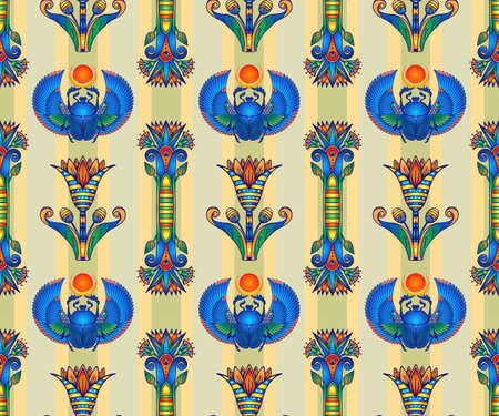 Ancient Egypt. Vintage seamless pattern with Egyptian symbols. Retro hand drawn vector repeating illustration.のイラスト素材