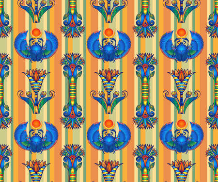 Ancient Egypt. Vintage seamless pattern with Egyptian symbols. Retro hand drawn vector repeating illustration.のイラスト素材