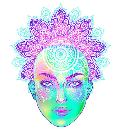 Gothic witch girl head portrait with green face and mandala. Vector color illustration. Halloween costume idea, tattoo, weird, psychedelic art for print, posters, t-shirts and textiles.のイラスト素材