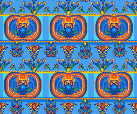 Ancient Egypt. Vintage seamless pattern with Egyptian symbols. Retro hand drawn vector repeating illustration.のイラスト素材