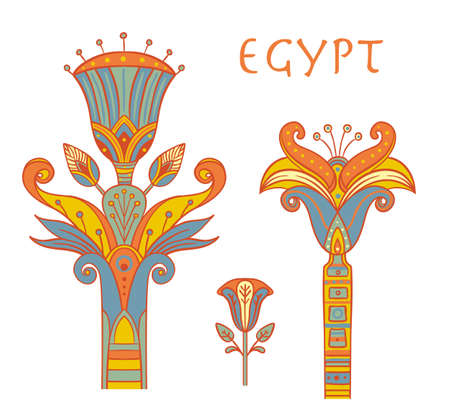 Egyptian floral colorful design element set isolated on white. Lotus flower, vector sign, symbol, logo illustration. Spirituality, occultism, chemistry, flower tattoo.のイラスト素材