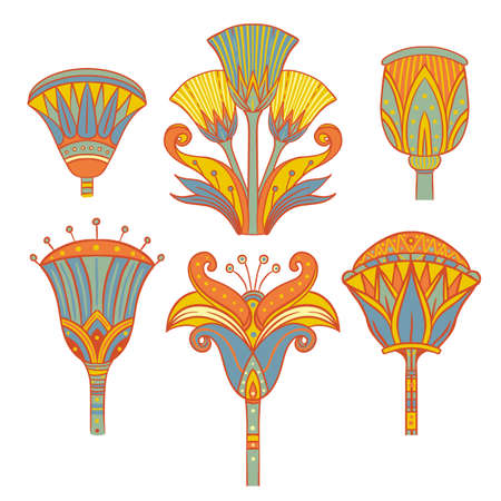 Egyptian floral colorful design element set isolated on white. Lotus flower, vector sign, symbol, logo illustration. Spirituality, occultism, chemistry, flower tattoo.のイラスト素材