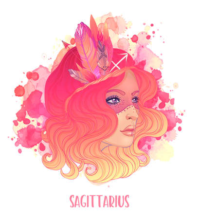 Sagittarius astrological sign as a beautiful girl. Vector illustration over watercolor background isolated on white. Future telling, horoscope. Fashion woman zodiac set.のイラスト素材