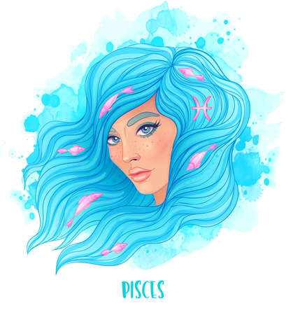 Pisces astrological sign as a beautiful girl. Vector illustration over watercolor background isolated on white. Future telling, horoscope. Fashion woman zodiac set.のイラスト素材