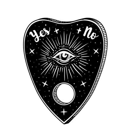 Heart-shaped planchette for spirit talking board. Vector isolated illustration in Victorian style. Mediumship divination equipment. flash tattoo drawing. Alchemy, religion, spirituality, occultism.のイラスト素材