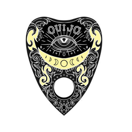 Heart-shaped planchette for spirit talking board. Vector isolated illustration in Victorian style. Mediumship divination equipment. flash tattoo drawing. Alchemy, religion, spirituality, occultism.のイラスト素材
