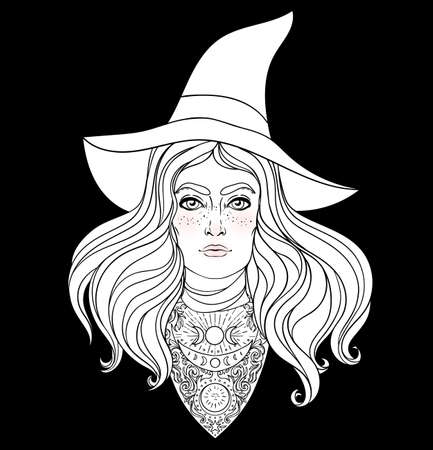 Wiccan witch. Vector Illustration in black and white. Young woman with long blond hair and magic hat. Alchemy, tattoo art, t-shirt design, adult magic coloring book. Pagan goddess.のイラスト素材