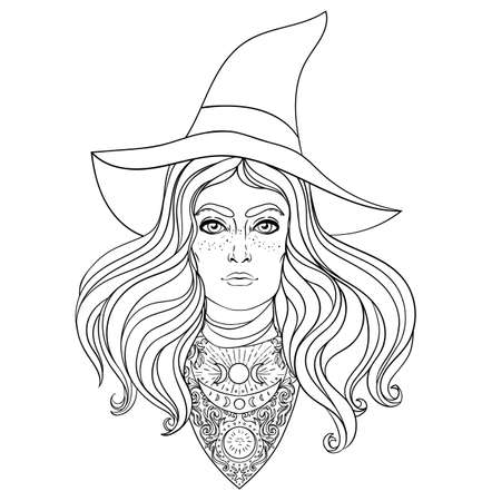Wiccan witch. Vector Illustration in black and white. Young woman with long blond hair and magic hat. Alchemy, tattoo art, t-shirt design, adult magic coloring book. Pagan goddess.のイラスト素材